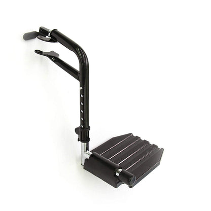 A pair of Invacare wheelchair economy footrest, item number T93HEP with black tubing and black composite footrest in a vertical position against a white background.