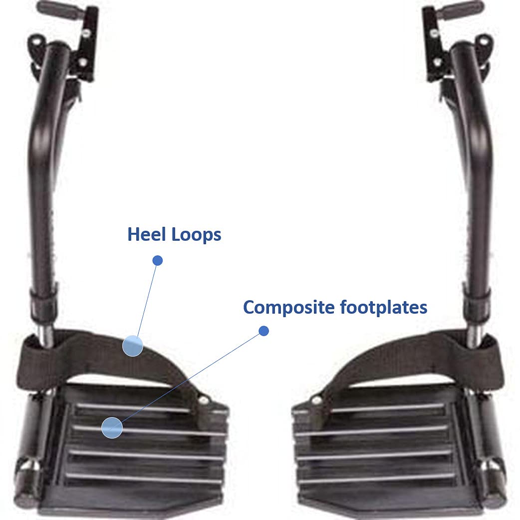 A pair of Invacare wheelchair hemi footrest with composite footplates and heel loops.  Item number T93HCP with black tubing, black composite footrest, and heel loops in a vertical position against a white background.