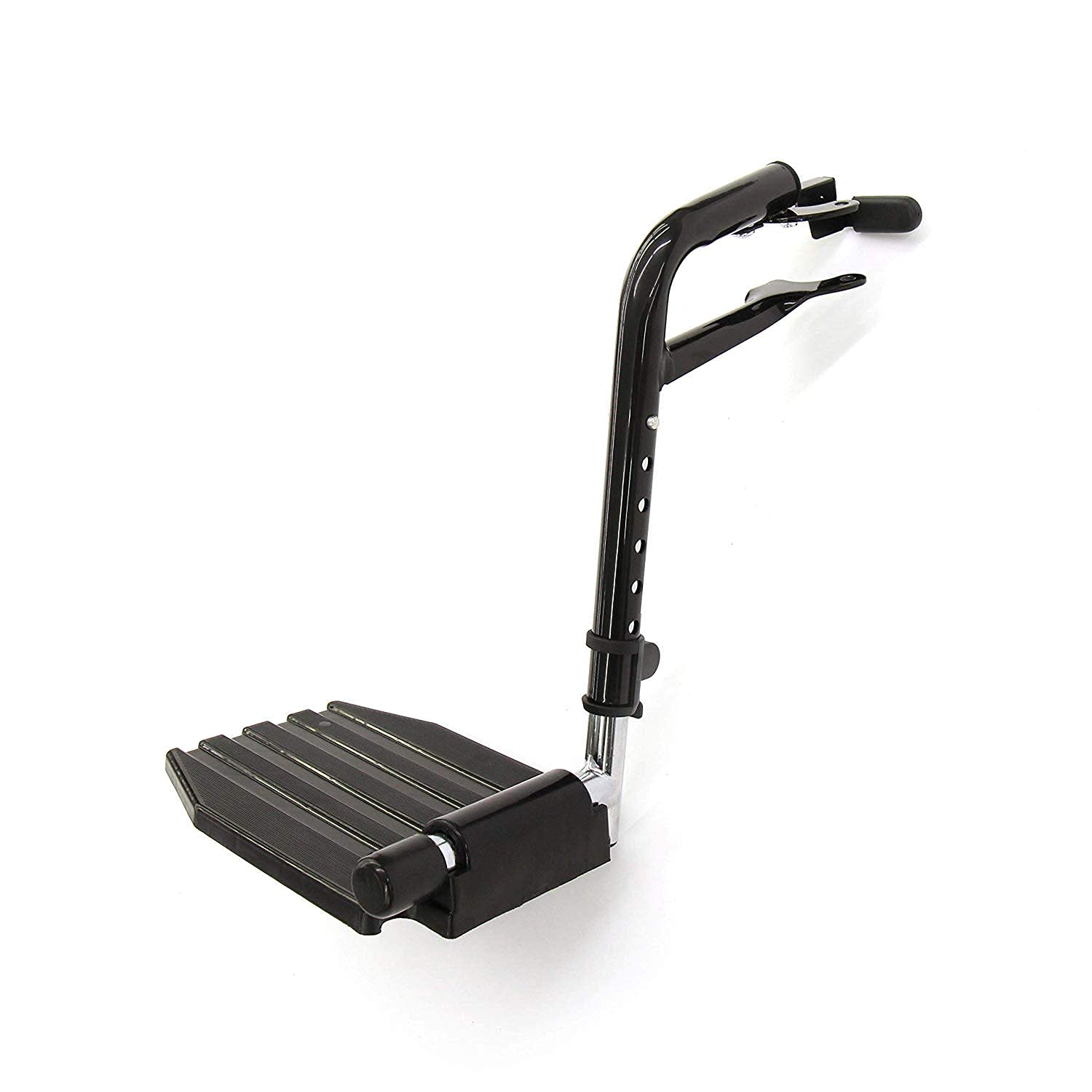 One left-side image of an Invacare wheelchair economy footrest, item number T93HEP with black tubing and black composite footrest in a vertical position against a white background.