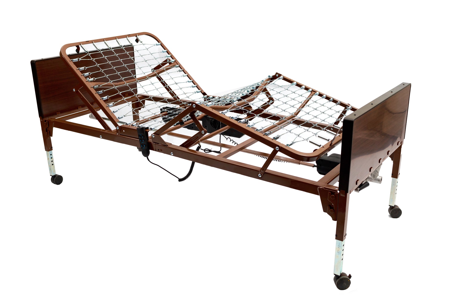 Front view of Invaacare's item number 5410IVC, brown, full-electric, hospital-style bed with no mattress against a white background.