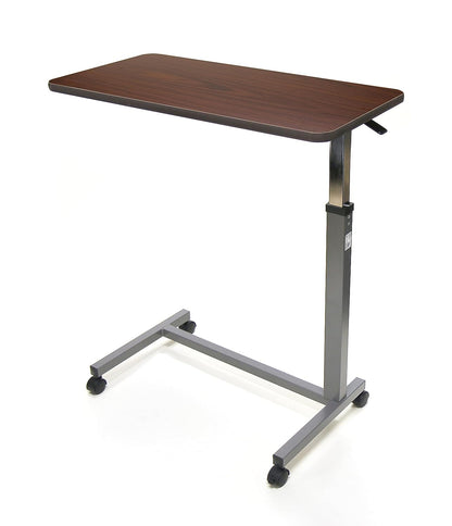 Invacare Item number 6417, Hospital-Style, Brown Overbed Table on Wheels against a white background.