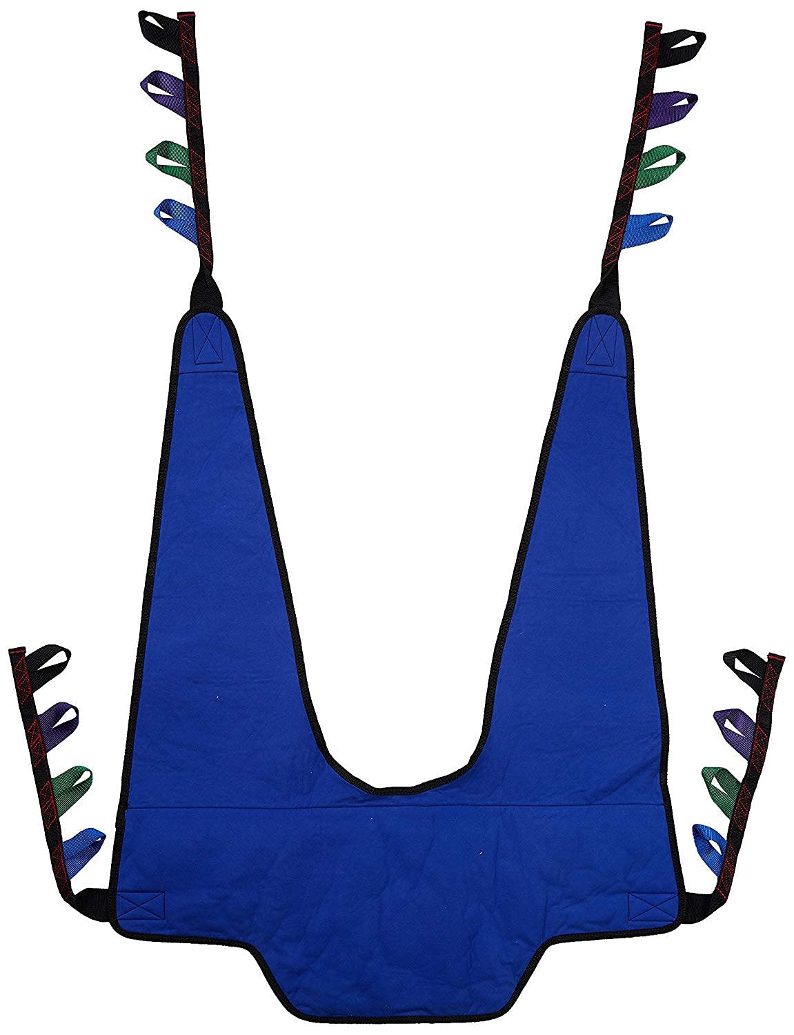 A drawing of a blue stand assist transfer sling made with a solid fabric for an Invacare Reliant lift.  The image is against a white background.  