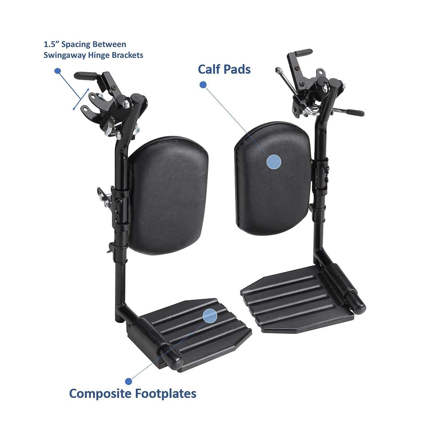 Item T94HCP, a pair of Invacare wheelchair elevating legrest with composite footplates and padded claf pads featured on an Invacare wheelchair to show the compatibility is designed for Invacare wheelchairs only. The Image is against a white background.