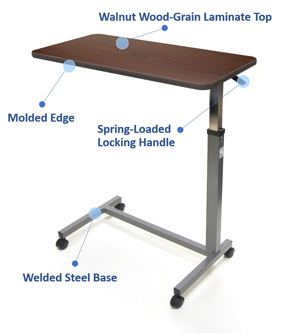 Invacare Item number 6417, Hospital-Style, Brown Overbed Table on wheels against a white background listing features of the product:  Walnut Wood-Grain Laminate Top, Moded Edge, Spring-Loaded Locking Handle, and Welded  Steel Base.