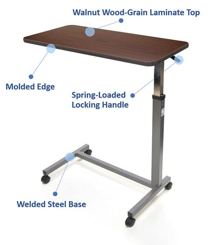 Invacare Item number 6417, Hospital-Style, Brown Overbed Table on wheels against a white background listing features of the product:  Walnut Wood-Grain Laminate Top, Moded Edge, Spring-Loaded Locking Handle, and Welded  Steel Base.