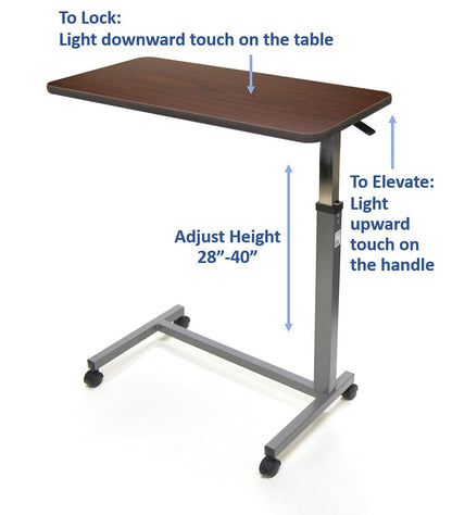 Invacare Item number 6417, Hospital-Style, Brown Overbed Table on wheels against a white background with text to explain how to lock, elevate and adjust height. 