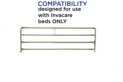 A side view of Invacare item number 6629, a chrome-plated full-length bed rail against a white background with compatibility disclaimer "For Invacare Beds Only".
