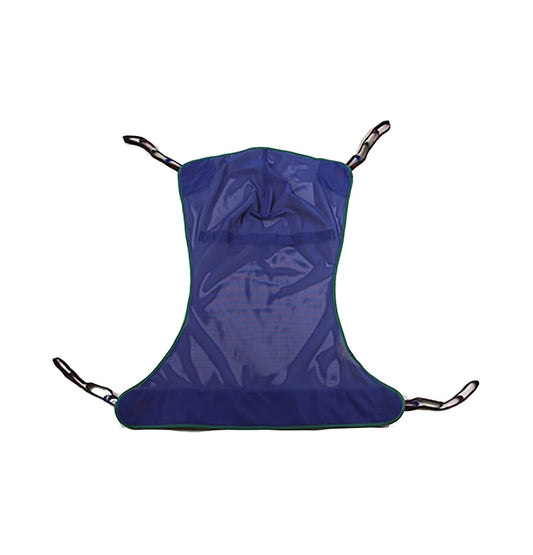 Invacare's Reliant full-body sling is made of polyester mesh fabric.  Available in medium and large.  For use with Invacare patient lifts only.  The image is against a white background.