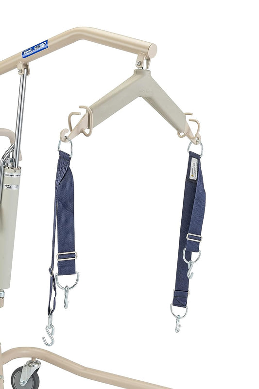 A pair of Invacare blue polypropylene patient lift straps, item 9070 on an Invacare patient lift against a white background.