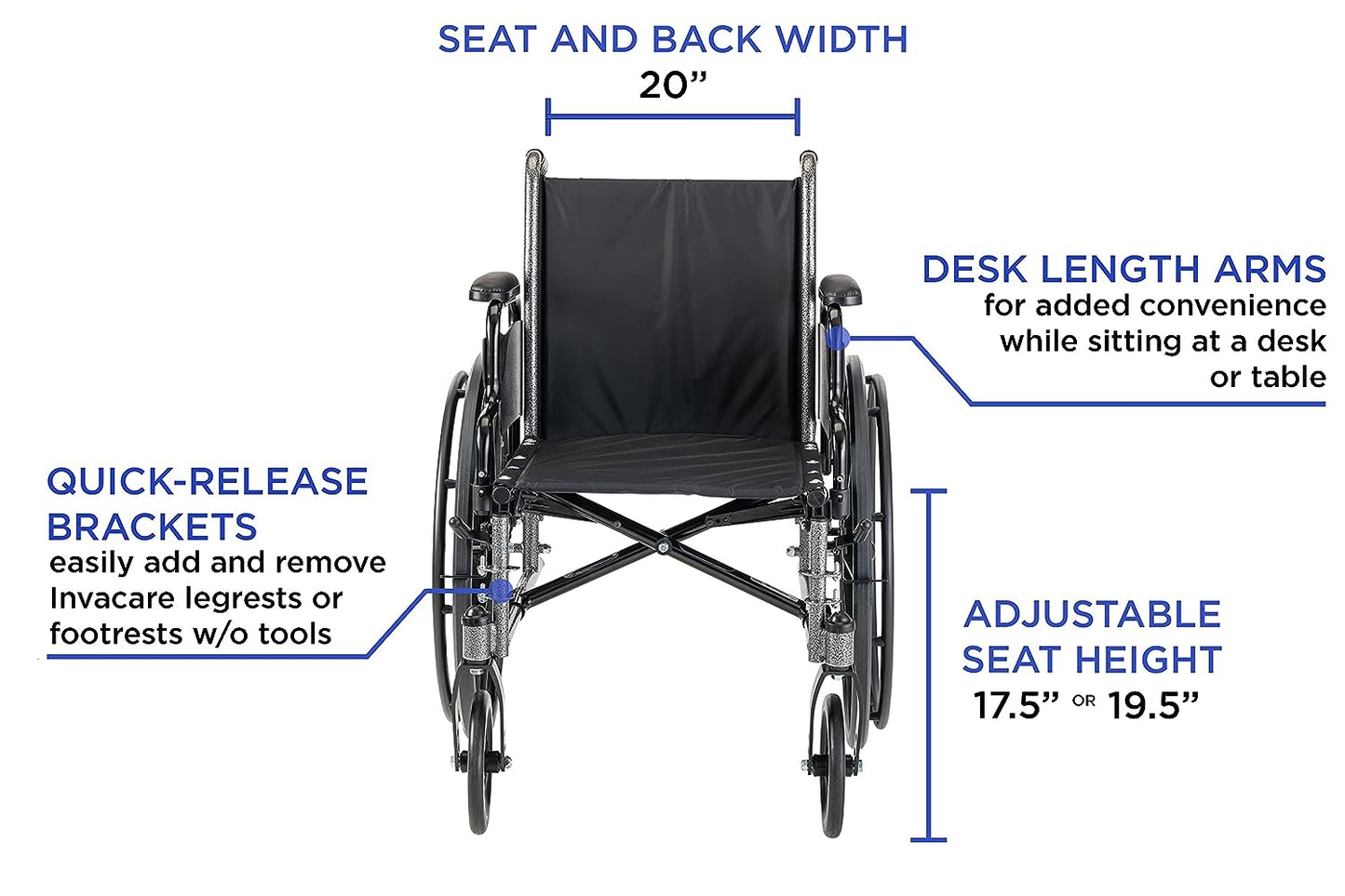 A front view of Invacare's Tracer SX5 wheelchair for adults.  The image list features to include quick-release brackets to install frontriggings with no tools, desk-length armpads for convenience while sitting at desk or table, adjustable seat height of 17.5" or 19.5".  The image is on a white background.