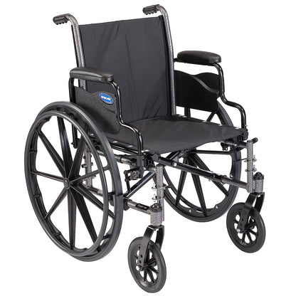 Invacare's Tracer SX5 wheelchair for adults with desk-length armpads for added convenience while sitting at a desk or table.  The wheelchair image shows no footrests or legrest on the wheelchair.  Footrest and Legrest are sold separately.  The image is against a white background.