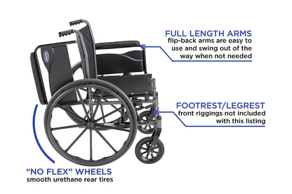 A side view of Invacare's Tracer SX5 wheelchair for adults displaying the full-length armpads and highlighting the smooth urethane rear tires. The wheelchair image does not contain legrests or footrests.  The image is on a white background.
