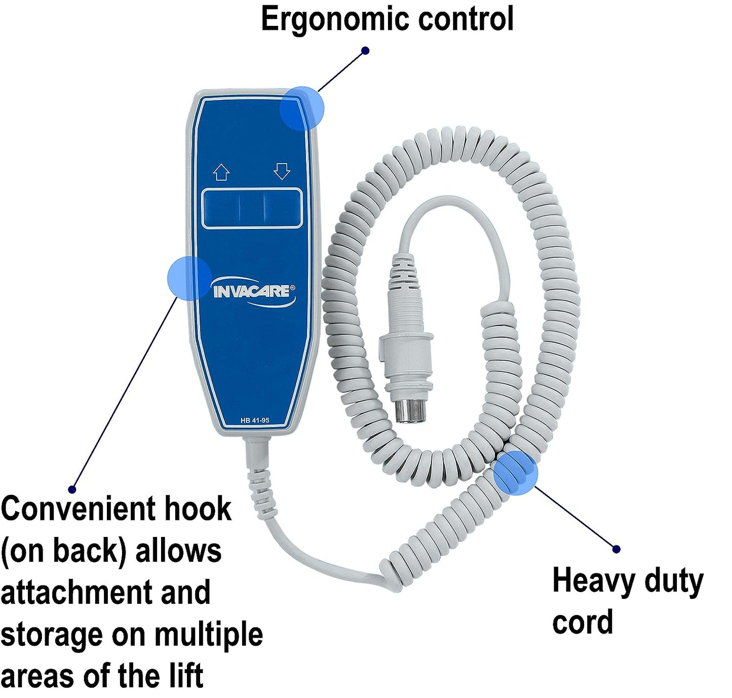 The ergonomic hand control for Invacare's Reliant Electric Patient Lift, item number RPL450-1 is against a white background. 