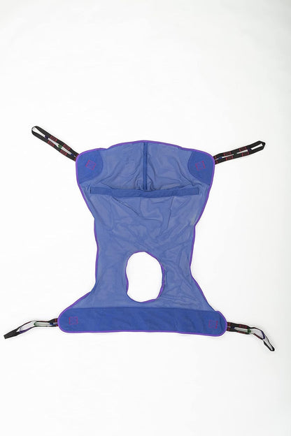 Invacare's Reliant full-body sling with commode opening made of mesh polyester fabric.  Available in medium and large.  For use with an Invacare patient lift only.  The image is against a white background.