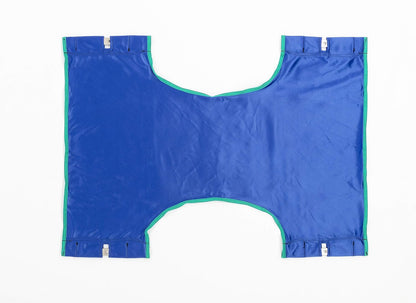 An Invacare standard blue sling, item 9042 made of solid polyester fabric for use with an Invacare patient lift.  The image is against a white background.