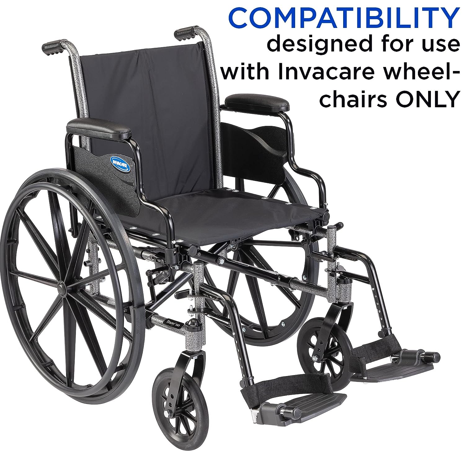 Item T93HCP, a pair of Invacare wheelchair hemi footrests with composite footplates with heel loops featured on an Invacare wheelchair to show the compatibility is designed for Invacare wheelchairs only. The image is against a white background.