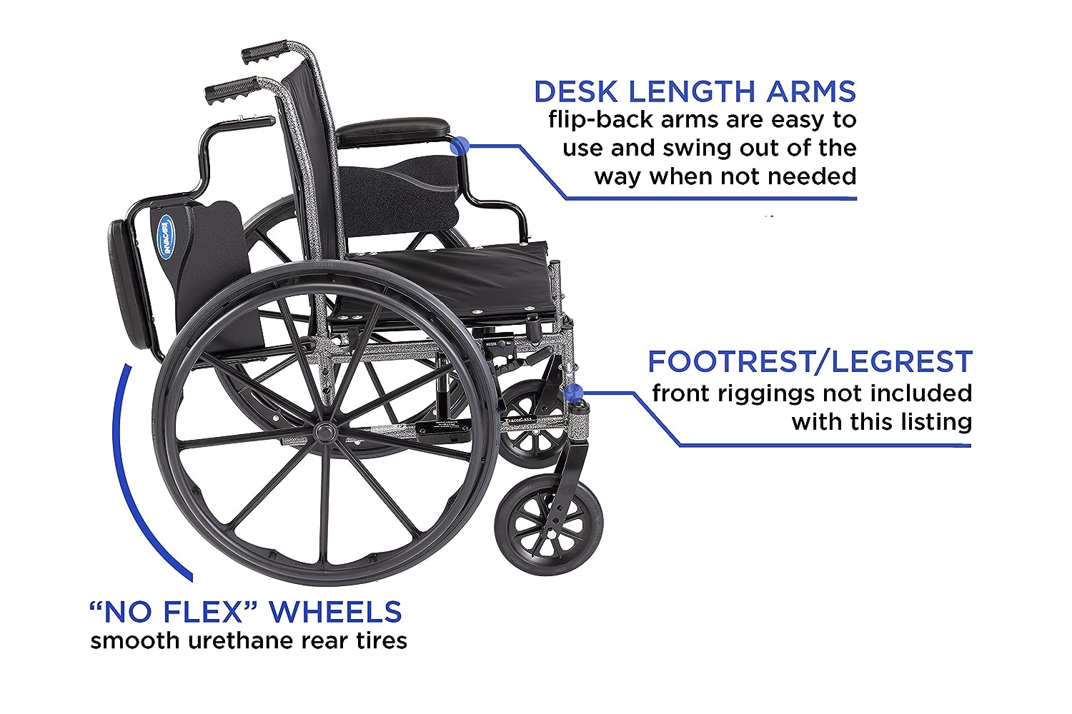 A side view of Invacare's Tracer SX5 wheelchair for adults displaying the desk-length armpads and highlighting the smooth urethane rear tires. The wheelchair does not contain legrests or footrests on the wheelchair.  The image is on a white background.