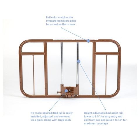 A side view of Invacare's brown clamp-on, half-length bed rail, item number 6630DS for Invacare homecare beds against a white background listing bulleted features: color matching to Invacare beds, no tools required and adjustable to help with entry and exit. 