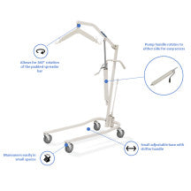 Invacare's beige hydraulic lift, Item 9805P against a white background listing key features:  Allows for 360 rotation of the padded spreader bar, pump handle rotates to either side for easy access, it has a small adjustable base with shifter handle and maneuvers easily in small spaces.  