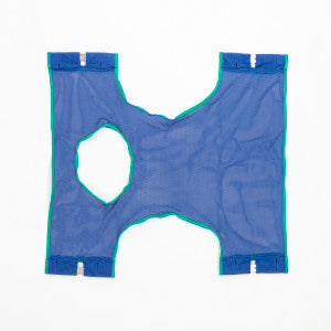 An Invacare standard blue sling, item 9047 made of mesh polyester fabric with a commode opening for use with an Invacare patient lift.  The image is against a white background.