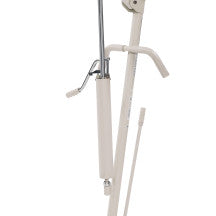 Zoomed-in image of the pump handle, the mast, and the control valve on Invacare's beige hydraulic lift, Item 9805 against a white background.