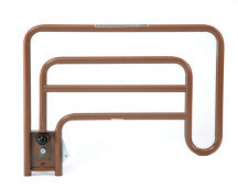 A side view image of an Invacare brown assist bed rail, item number 6632 with a quick-release button against a white background.
