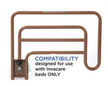 A side view image of an Invacare brown assist bed rail, item number 6632 with a quick-release button against a white background showing a "For Invacare Beds Only" disclaimer.
