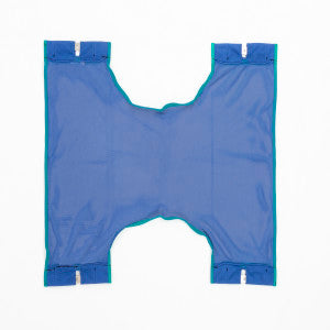 An Invacare standard blue sling made of mesh polyester fabric for use with an Invacare patient lift.  Image is against a white background.