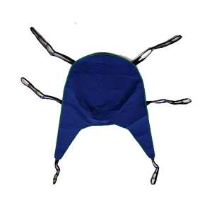 Invacare's Reliant divided leg sling is made of polyester fabric.  Available in medium and large.  For use with Invacare patient lifts only.  The image is against a white background.