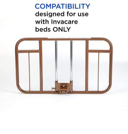 A side view of Invacare's brown clamp-on, half-length bed rail, item number 6630DS for Invacare homecare beds against a white background showing compatibility disclaimer "for Invacare beds only".